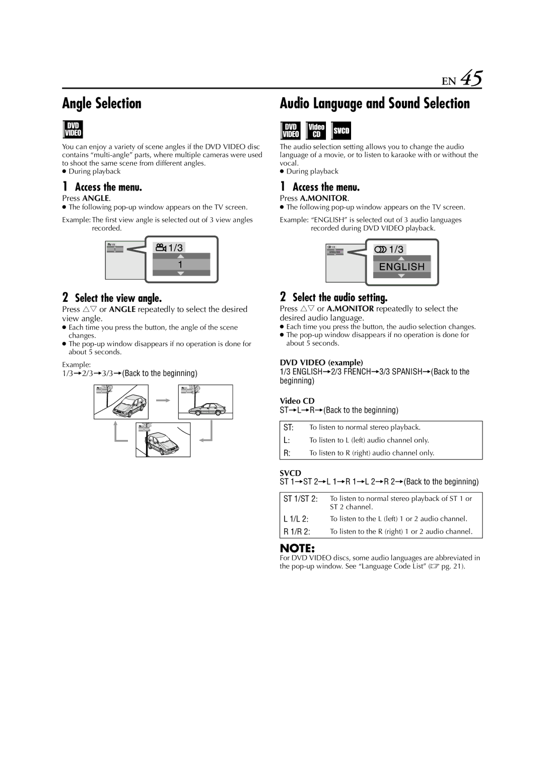 JVC HR-XVC29SU manual Angle Selection, Select the view angle, Select the audio setting, Svcd 