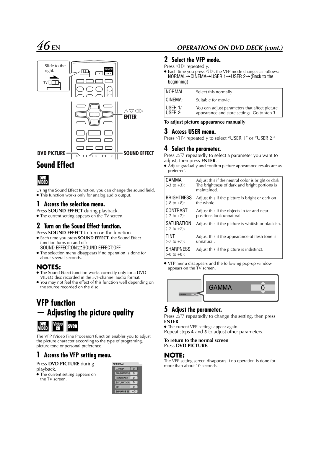 JVC HR-XVC29SU manual 46 EN, Sound Effect, VFP function Adjusting the picture quality 