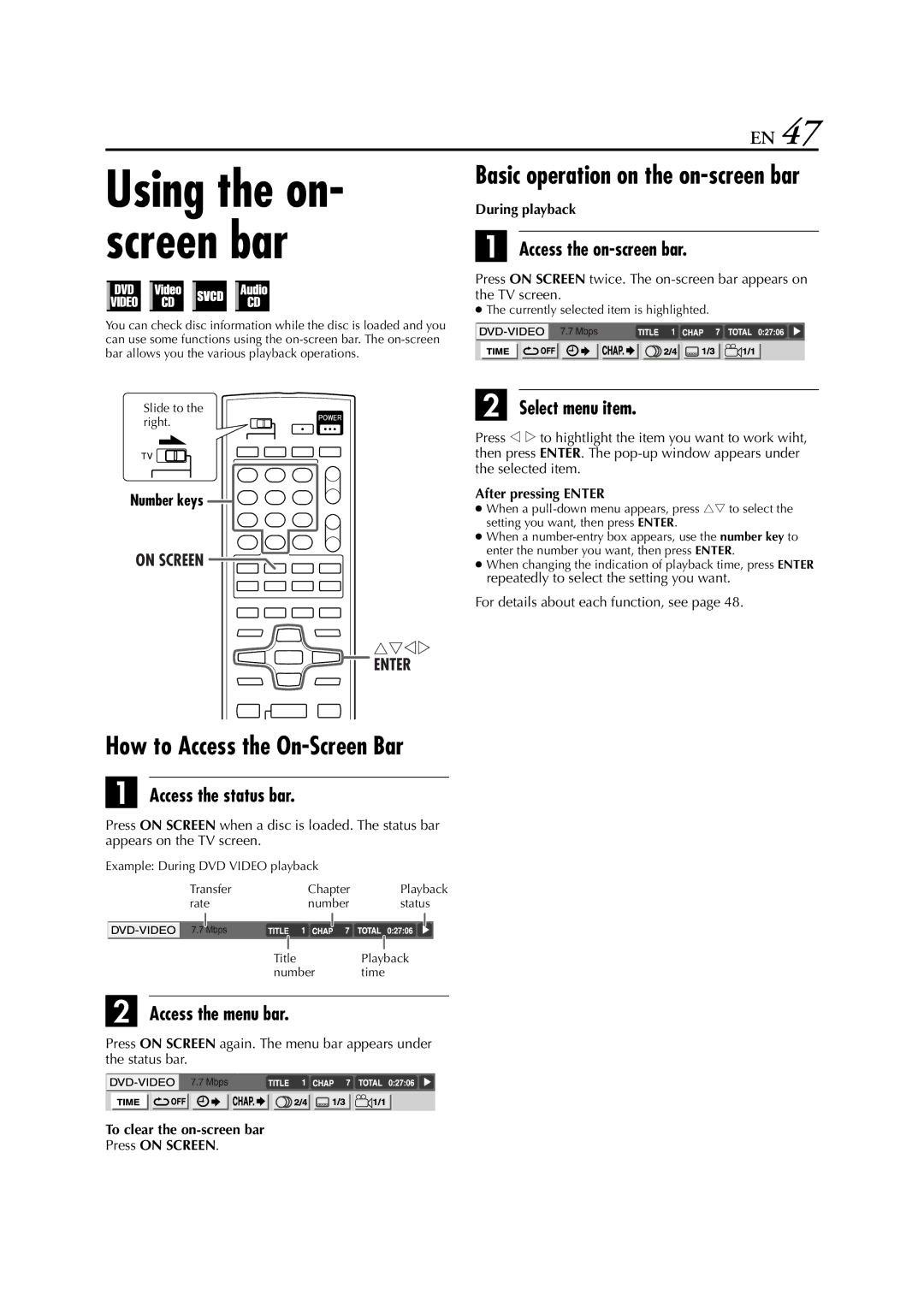 JVC HR-XVC29SU manual How to Access the On-Screen Bar, Access the status bar, Access the menu bar, Select menu item 