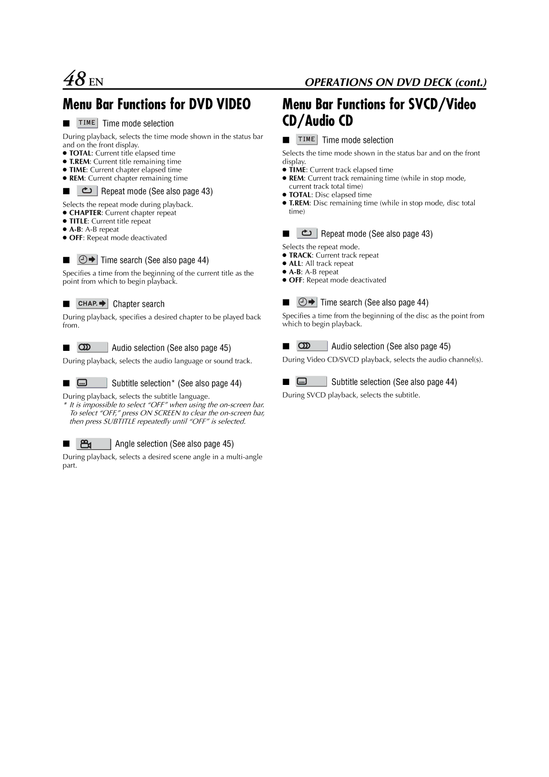 JVC HR-XVC29SU manual 48 EN, Menu Bar Functions for SVCD/Video CD/Audio CD 