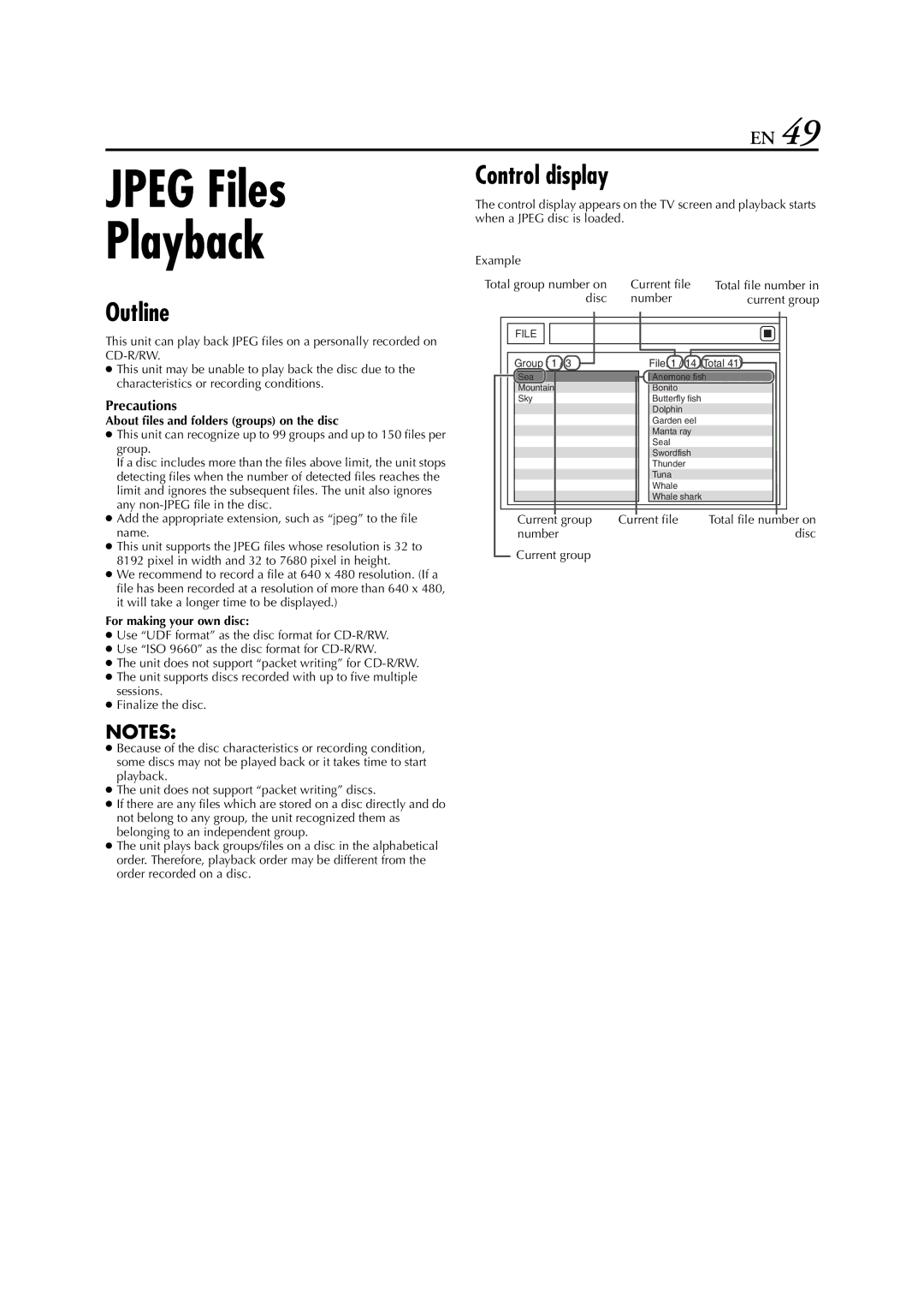 JVC HR-XVC29SU Outline Control display, Precautions, About files and folders groups on the disc, For making your own disc 