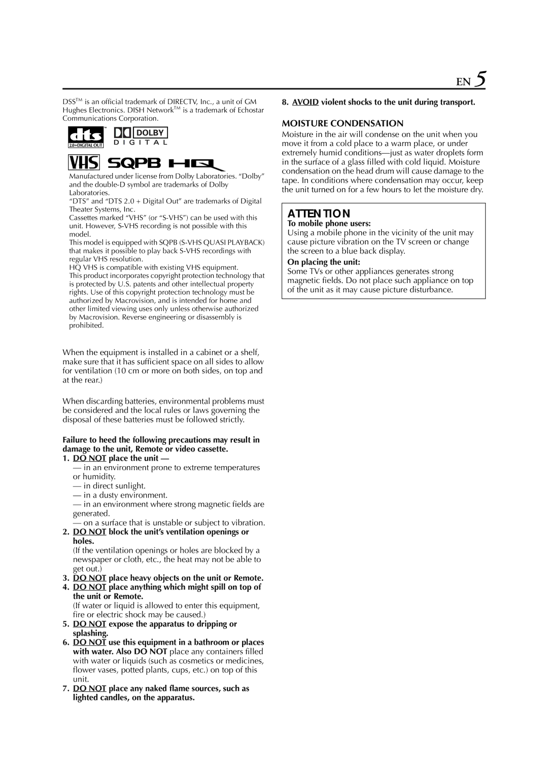 JVC HR-XVC29SU manual Do not place the unit, Do not block the unit’s ventilation openings or holes, To mobile phone users 