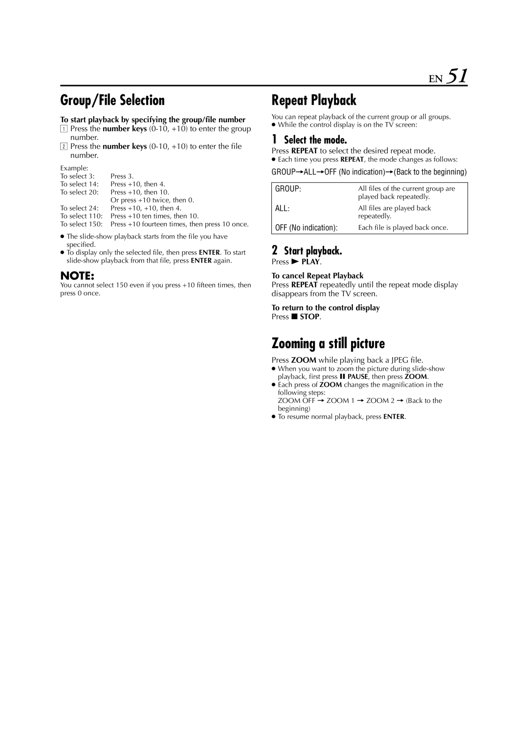 JVC HR-XVC29SU manual Group/File Selection, Zooming a still picture, To start playback by specifying the group/file number 