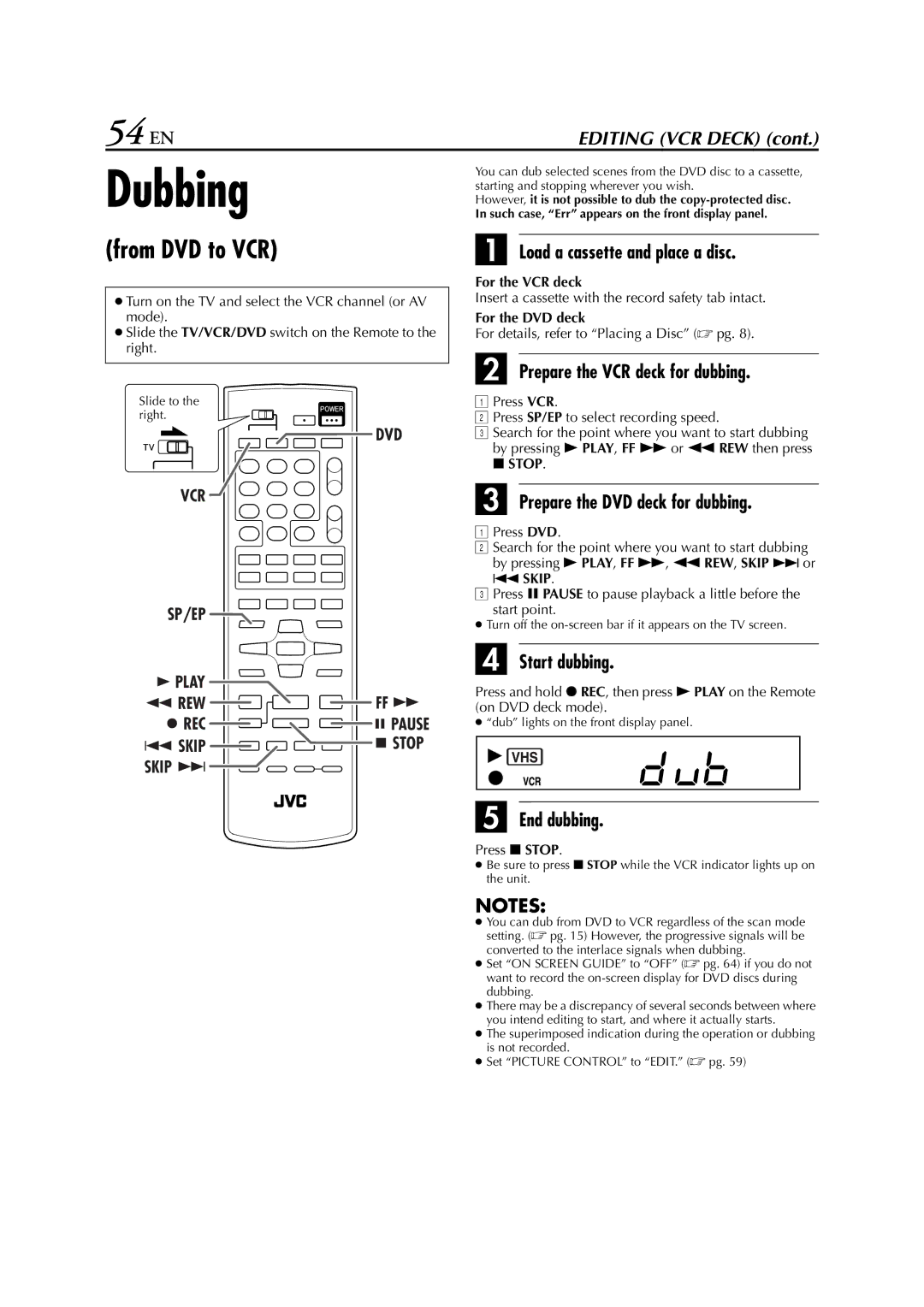 JVC HR-XVC29SU manual Dubbing, 54 EN, From DVD to VCR 