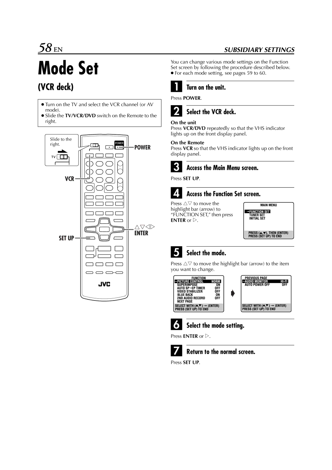 JVC HR-XVC29SU manual Mode Set, 58 EN, VCR deck, Access the Function Set screen 