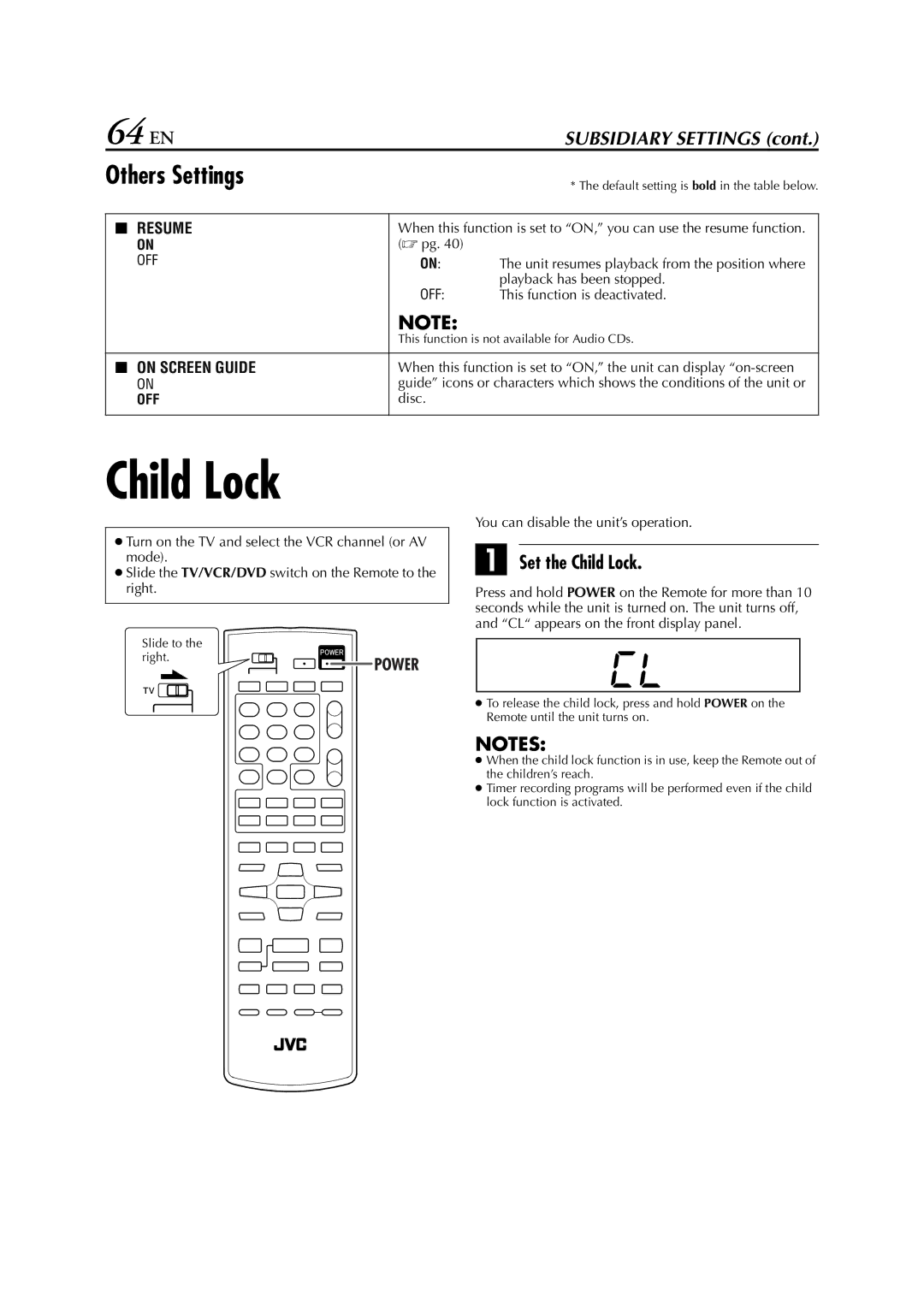 JVC HR-XVC29SU manual 64 EN, Others Settings, Set the Child Lock 