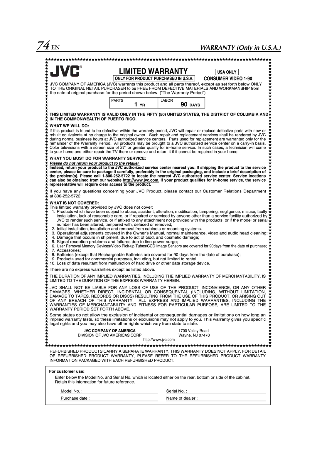 JVC HR-XVC29SU manual 74 EN 