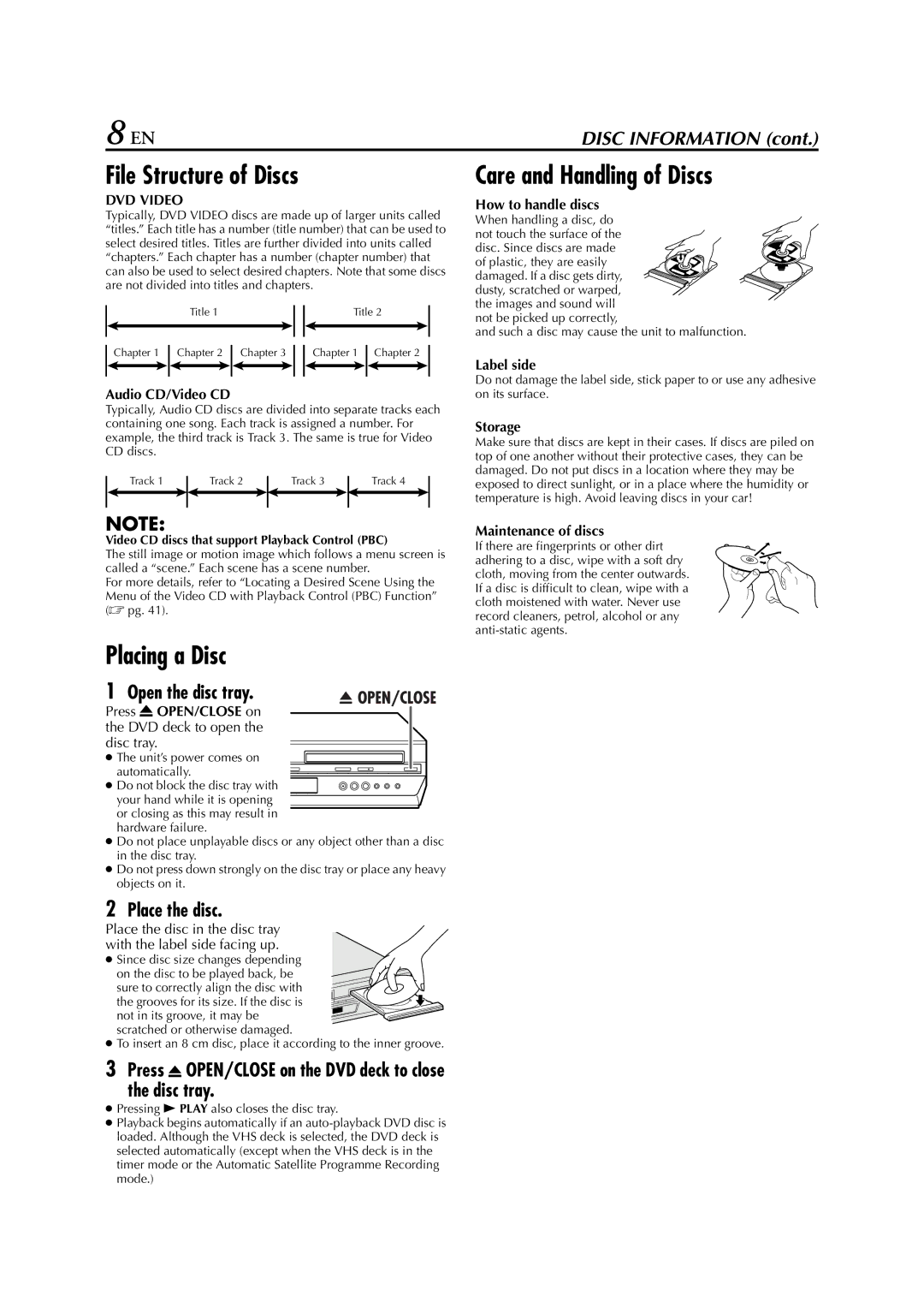 JVC HR-XVC29SU manual File Structure of Discs, Placing a Disc, Care and Handling of Discs 