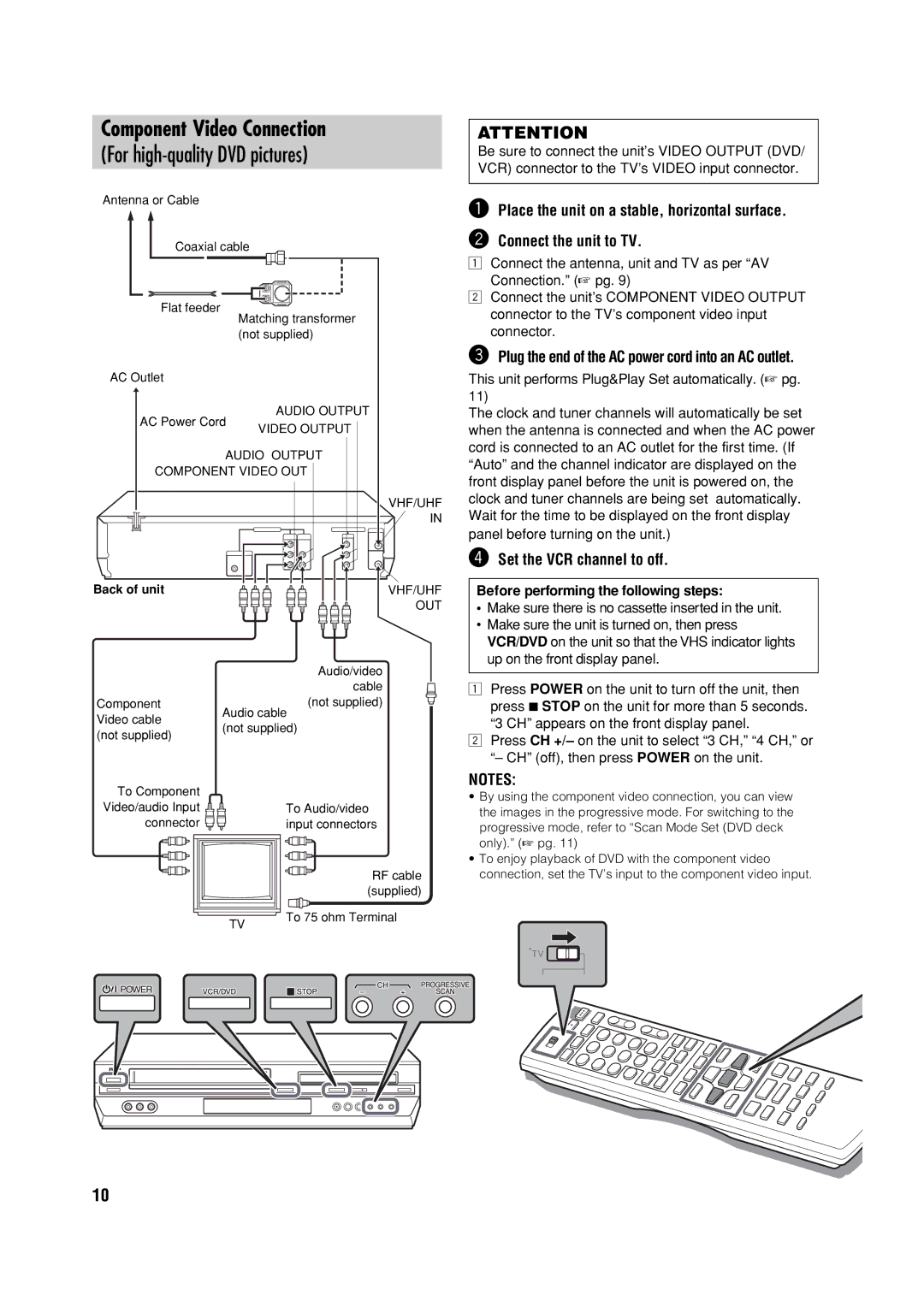 JVC HR-XVC32SUJ manual Component Video Connection, ⁄ Set the VCR channel to off, CH appears on the front display panel 