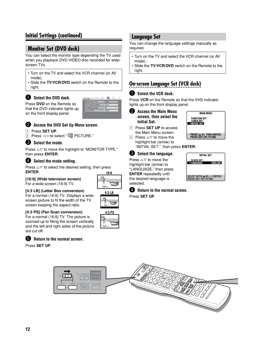 JVC HR-XVC32SUJ manual Initial Settings Monitor Set DVD deck, On-screen Language Set VCR deck 