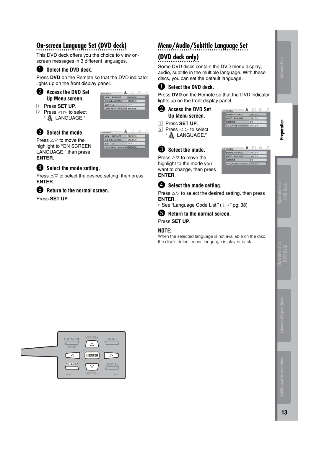 JVC HR-XVC32SUJ manual On-screen Language Set DVD deck, Menu/Audio/Subtitle Language Set DVD deck only 