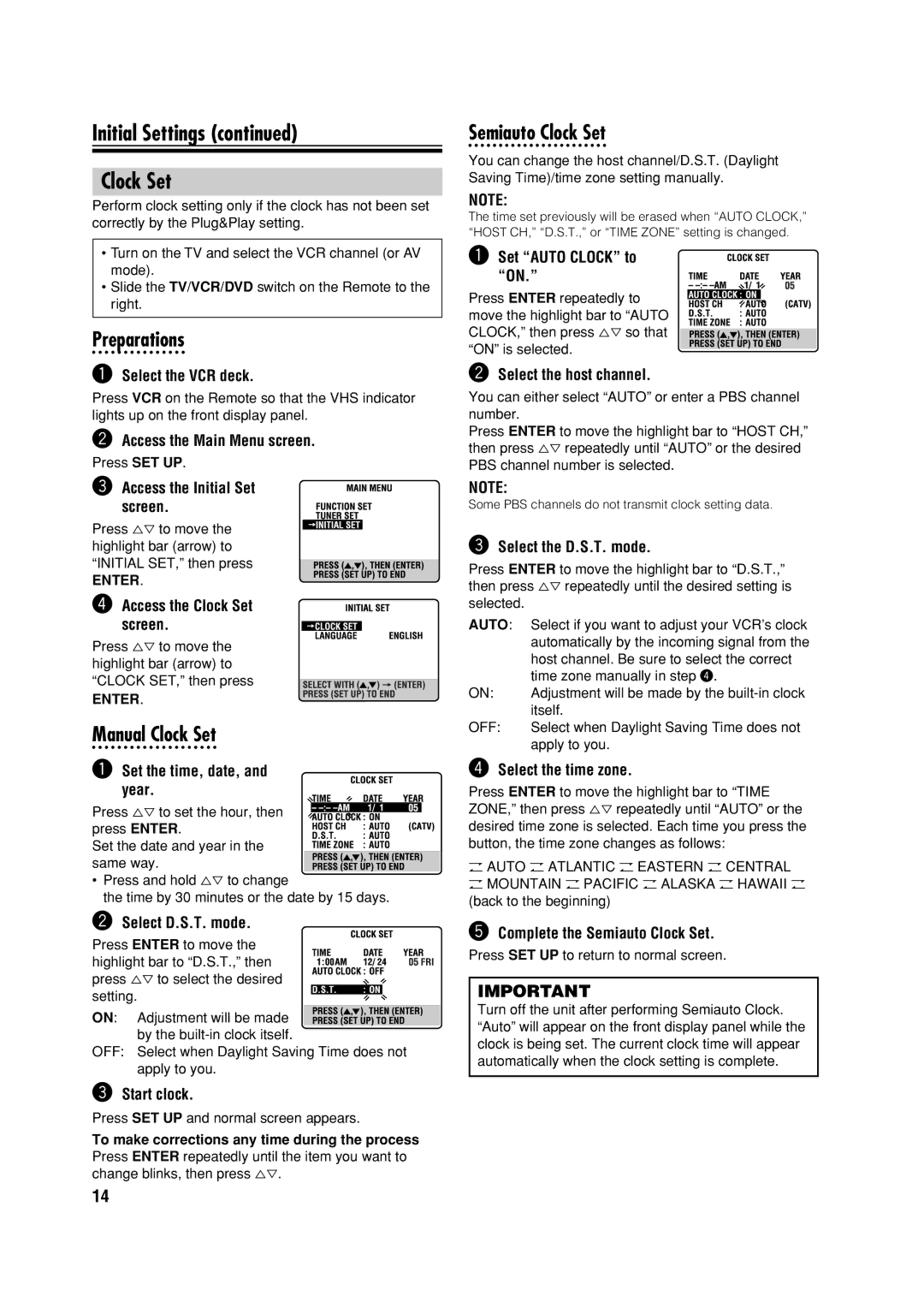 JVC HR-XVC32SUJ manual Initial Settings Clock Set, Preparations, Manual Clock Set, Semiauto Clock Set 