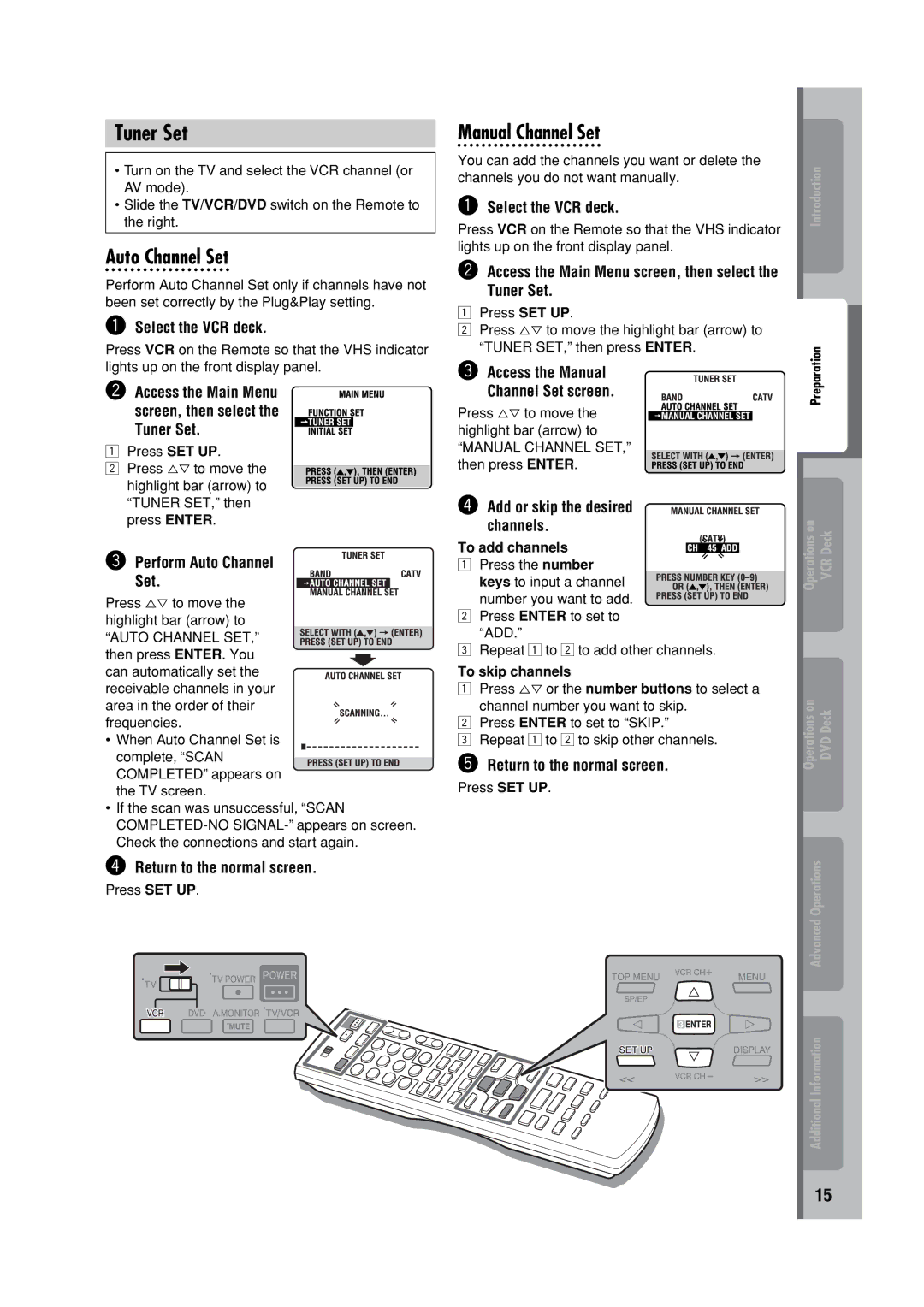 JVC HR-XVC32SUJ manual Tuner Set, Auto Channel Set, Manual Channel Set 