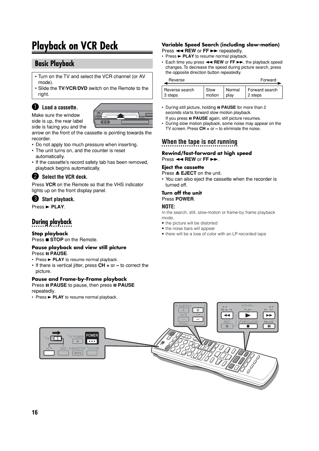 JVC HR-XVC32SUJ manual Playback on VCR Deck, Basic Playback, During playback 