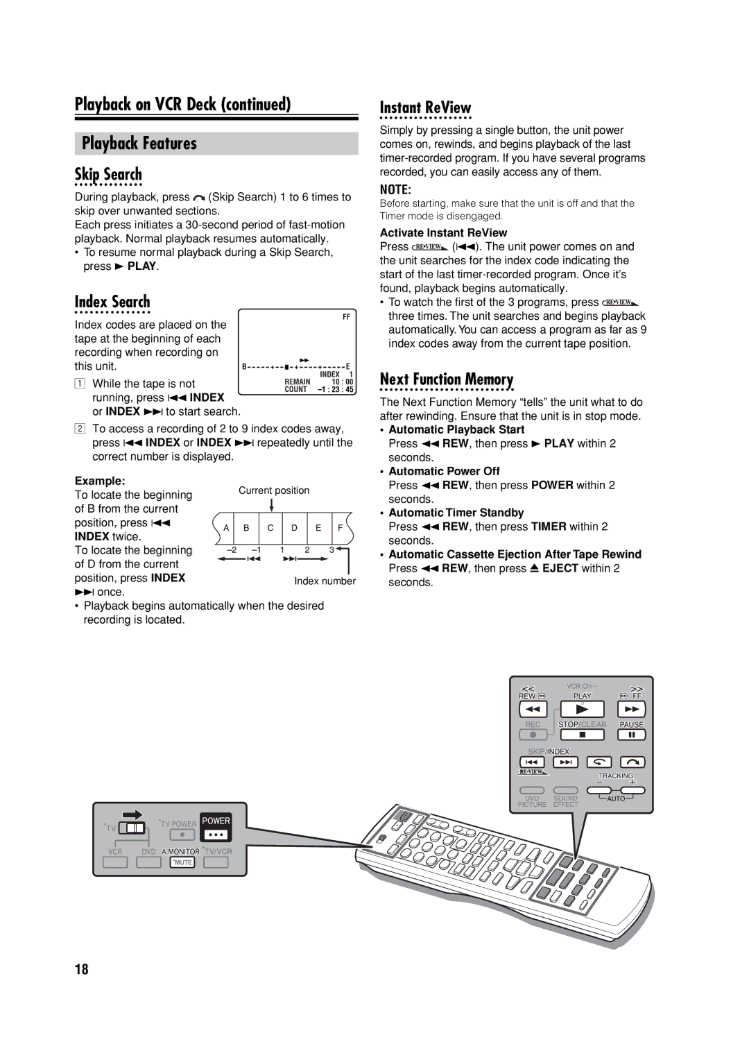 JVC HR-XVC32SUJ Playback on VCR Deck Playback Features, Skip Search, Index Search, Instant ReView, Next Function Memory 