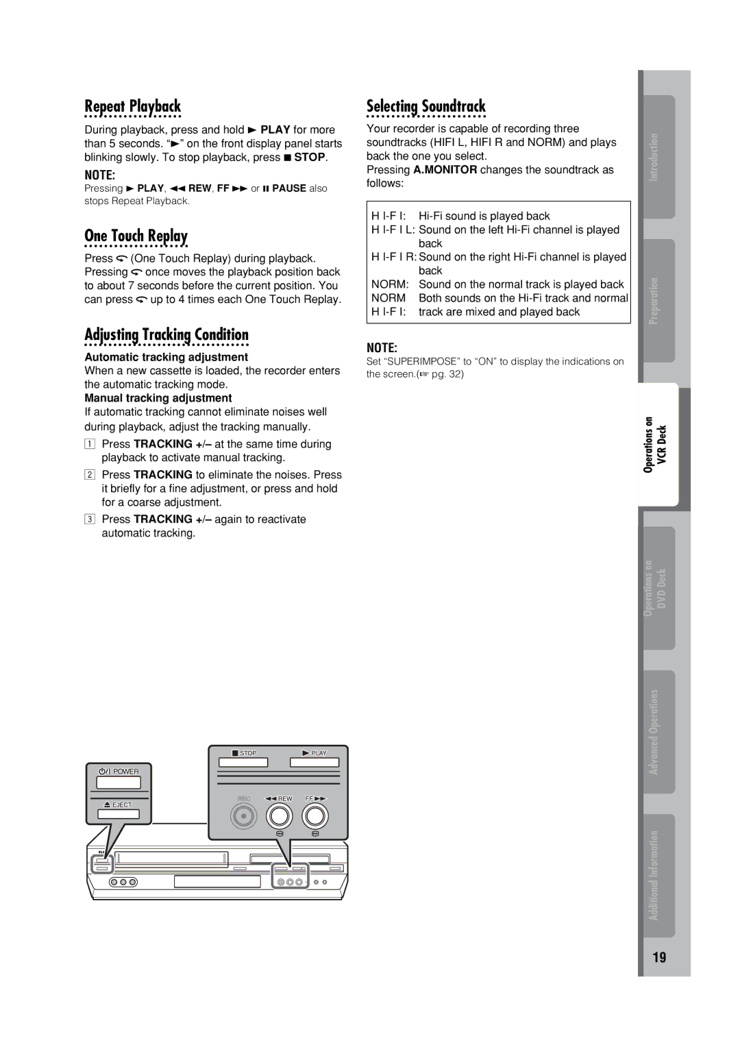 JVC HR-XVC32SUJ manual Repeat Playback, One Touch Replay, Adjusting Tracking Condition, Selecting Soundtrack 