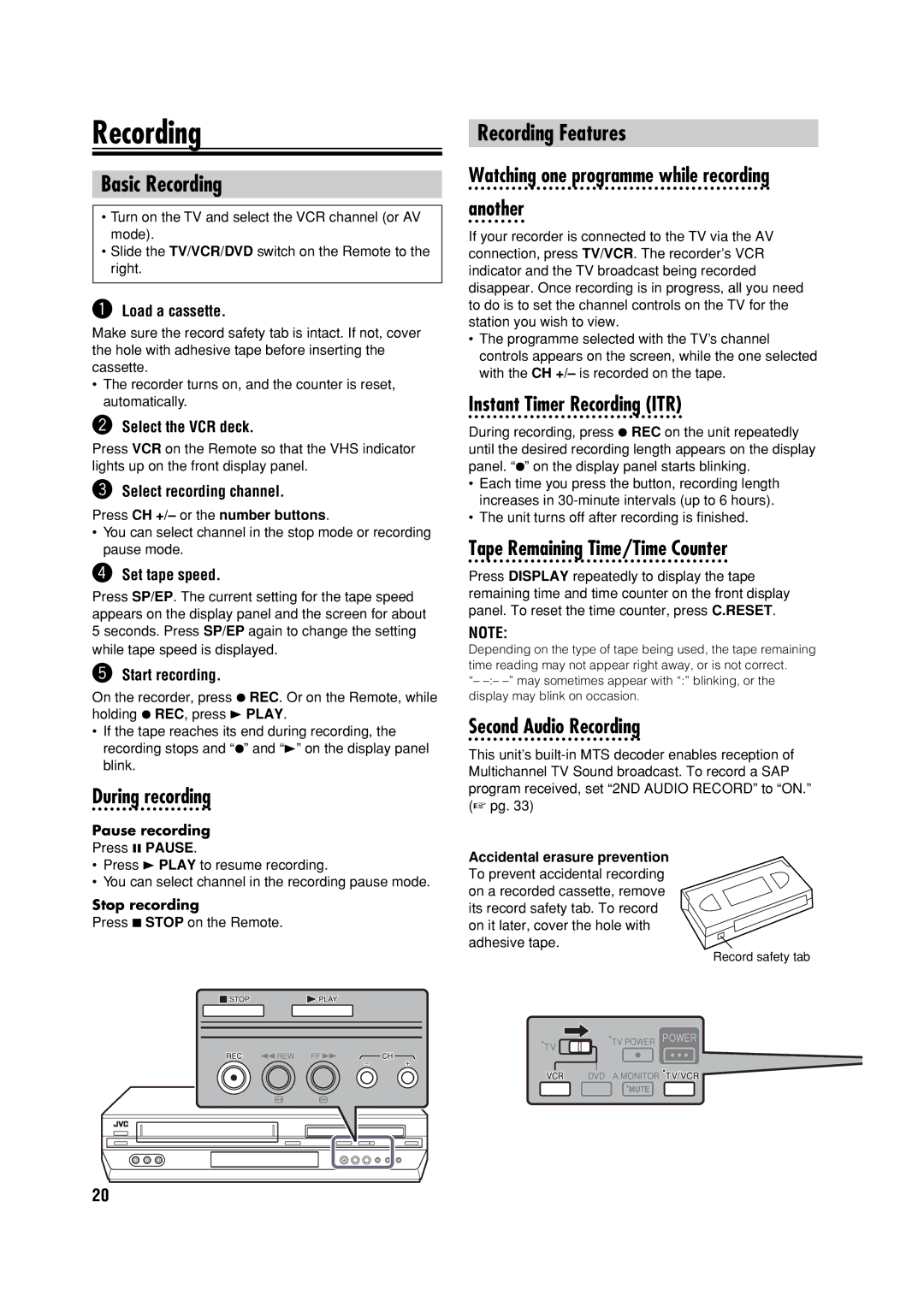 JVC HR-XVC32SUJ manual Basic Recording, Recording Features 