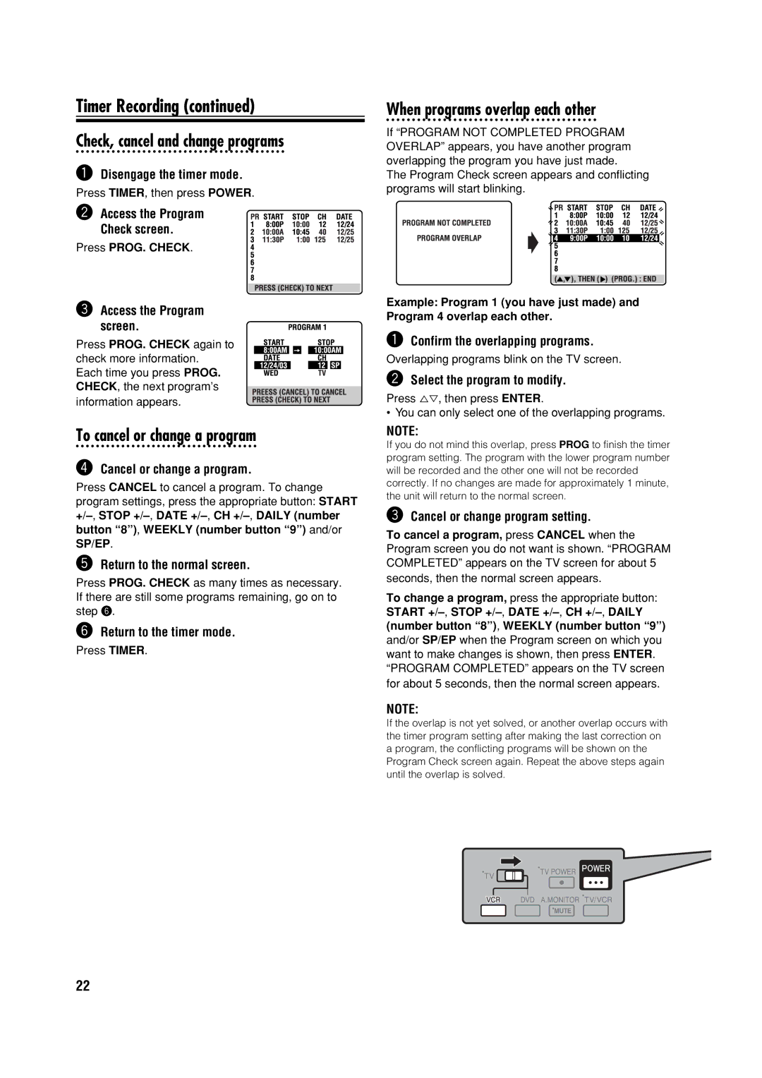 JVC HR-XVC32SUJ manual Timer Recording, Check, cancel and change programs, To cancel or change a program 