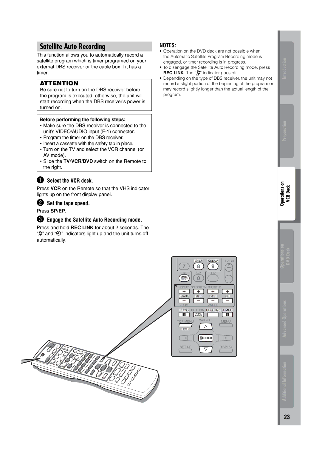 JVC HR-XVC32SUJ manual Set the tape speed, Engage the Satellite Auto Recording mode 