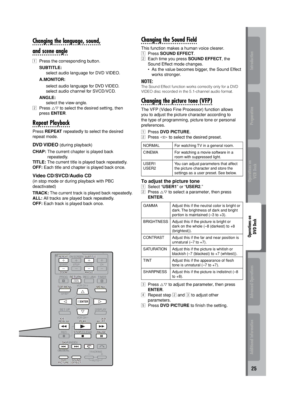 JVC HR-XVC32SUJ manual Changing the language, sound Scene angle, Changing the Sound Field, Changing the picture tone VFP 