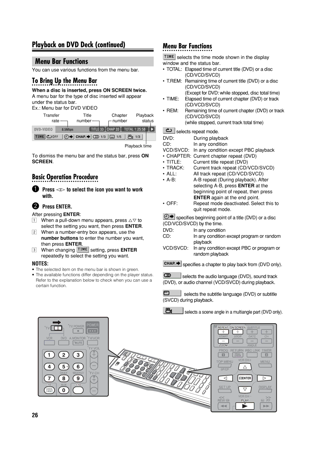 JVC HR-XVC32SUJ manual Playback on DVD Deck Menu Bar Functions, To Bring Up the Menu Bar, Basic Operation Procedure 