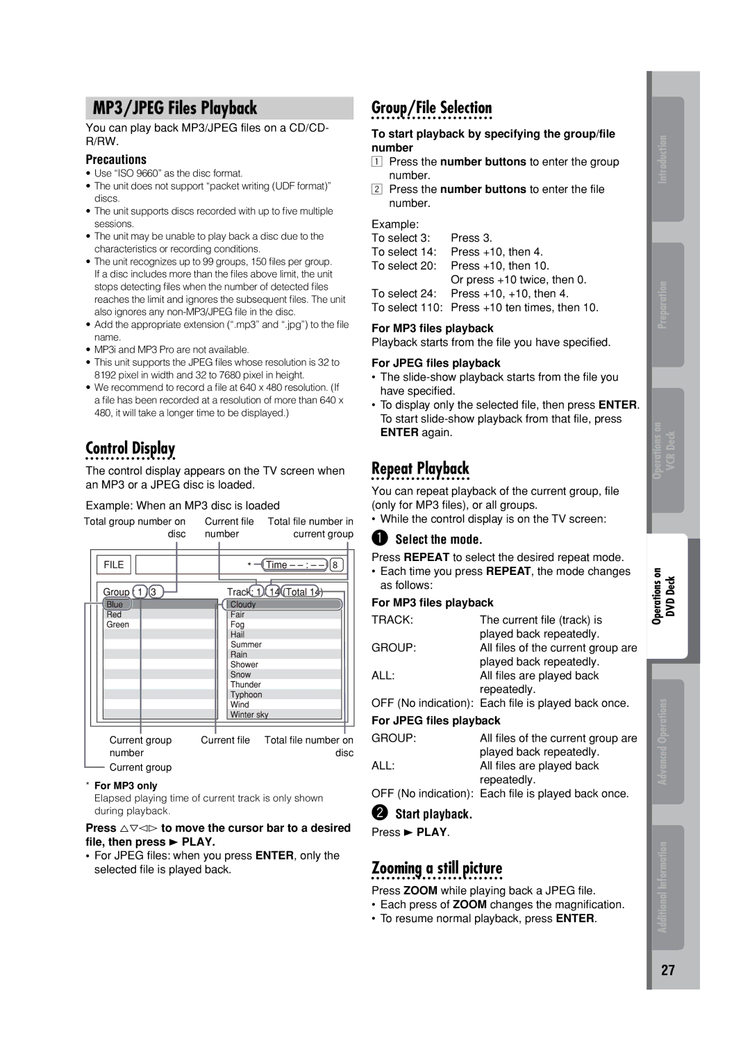 JVC HR-XVC32SUJ manual MP3/JPEG Files Playback, Control Display, Group/File Selection, Zooming a still picture 