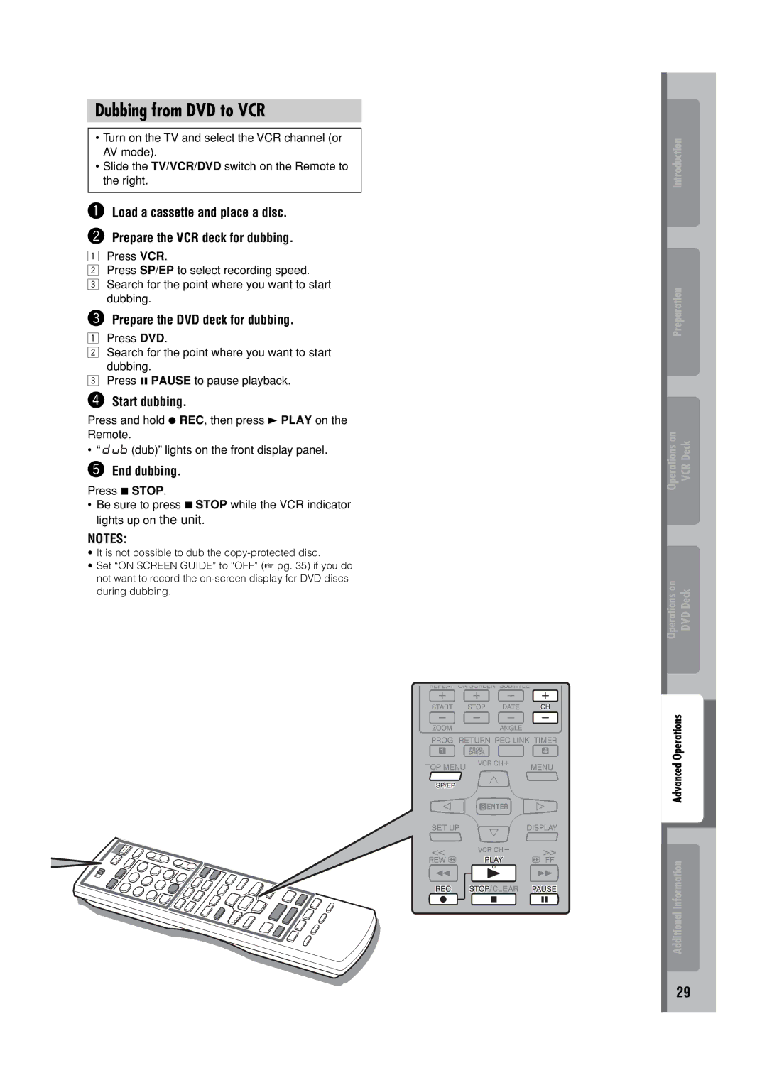 JVC HR-XVC32SUJ manual Dubbing from DVD to VCR, Prepare the DVD deck for dubbing, ⁄ Start dubbing, @ End dubbing 