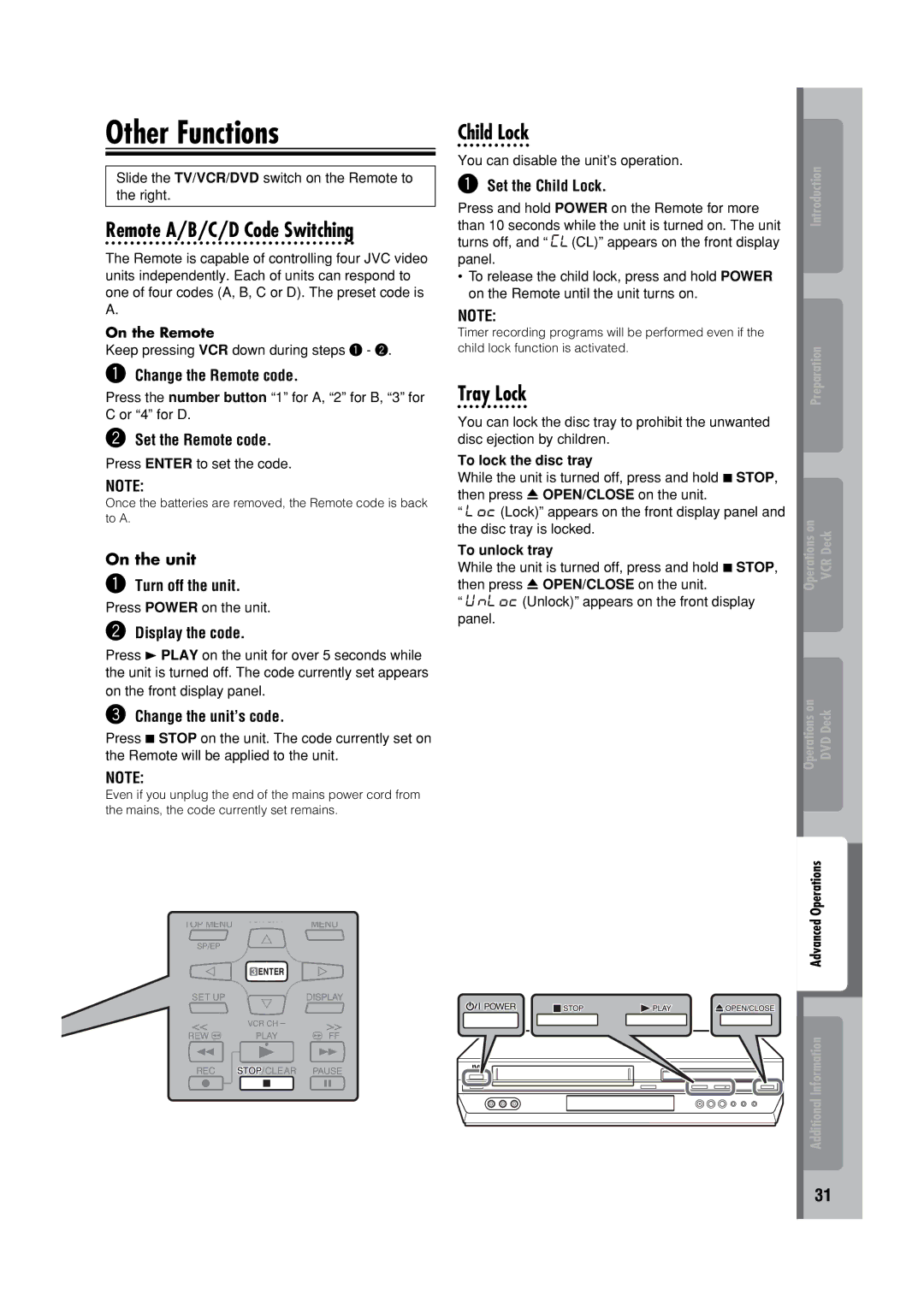 JVC HR-XVC32SUJ manual Other Functions, Remote A/B/C/D Code Switching, Child Lock, Tray Lock 