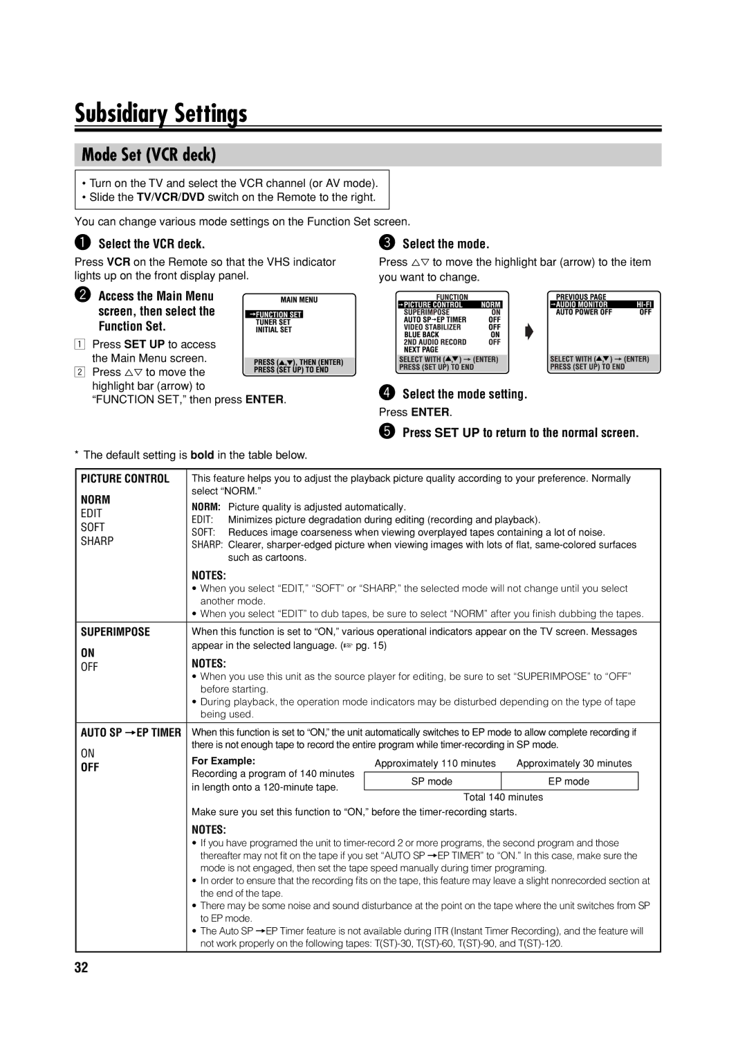 JVC HR-XVC32SUJ manual Subsidiary Settings, Mode Set VCR deck, ~ Select the VCR deck Select the mode 