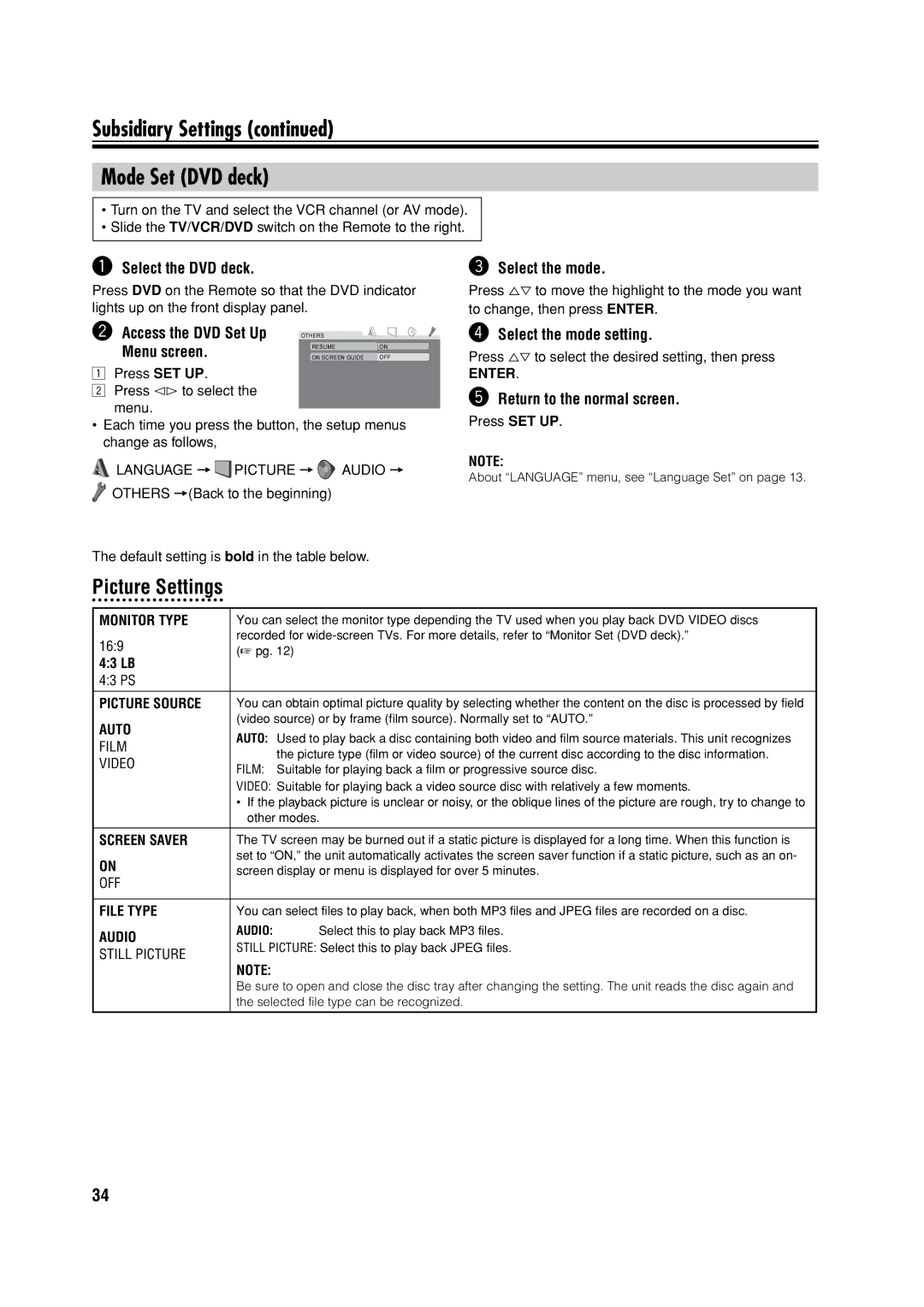 JVC HR-XVC32SUJ manual Subsidiary Settings Mode Set DVD deck, Picture Settings, ~ Select the DVD deck Select the mode 