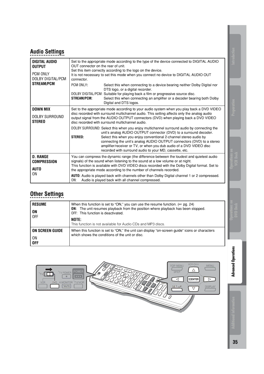 JVC HR-XVC32SUJ manual Audio Settings, Other Settings 