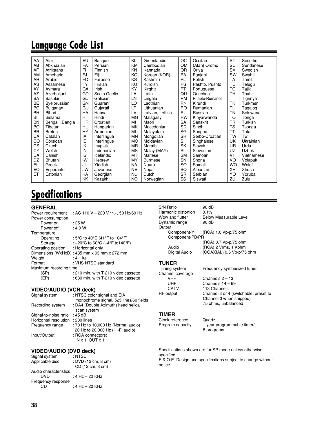 JVC HR-XVC32SUJ manual Language Code List, Specifications, VIDEO/AUDIO VCR deck, VIDEO/AUDIO DVD deck 