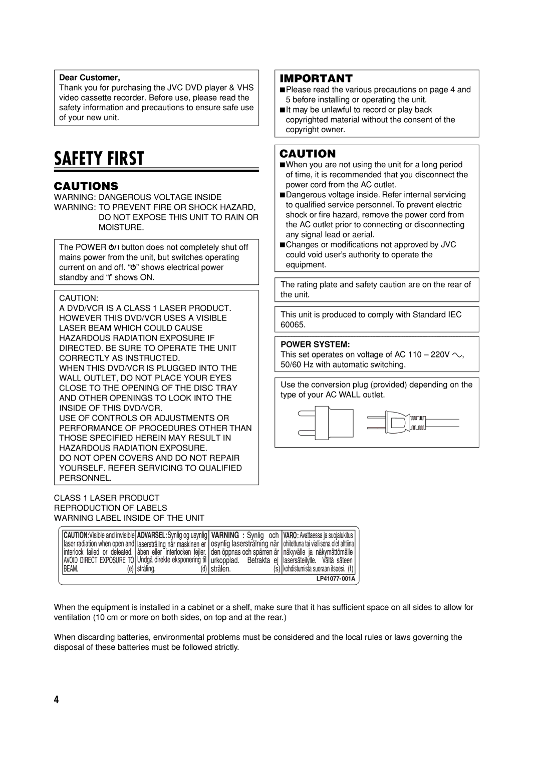 JVC HR-XVC32SUJ manual Dear Customer, Power System 