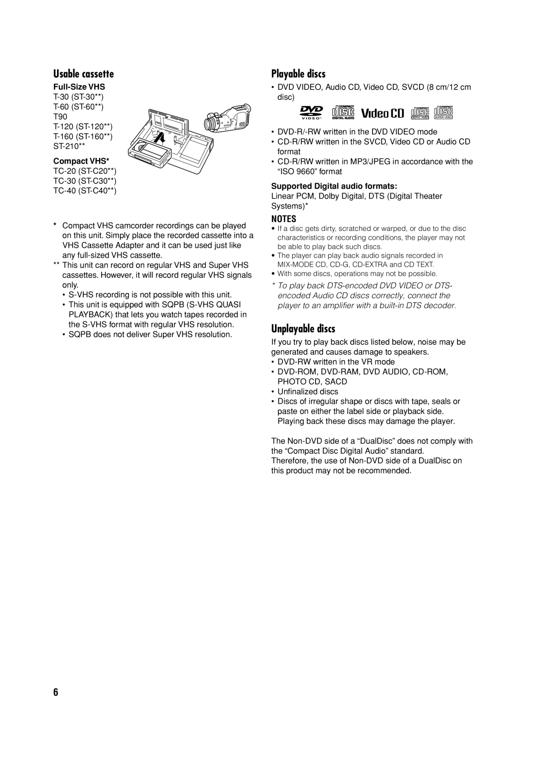 JVC HR-XVC32SUJ manual Full-Size VHS, Compact VHS, Supported Digital audio formats 