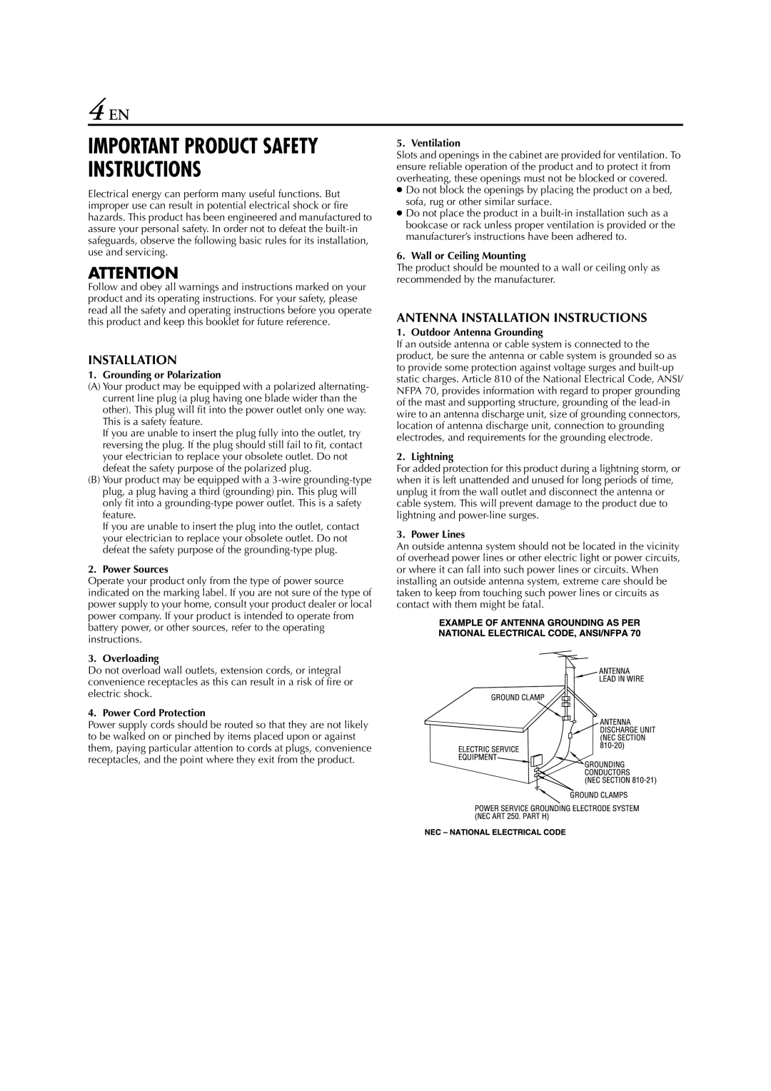 JVC HR-XVC33U manual Important Product Safety Instructions 