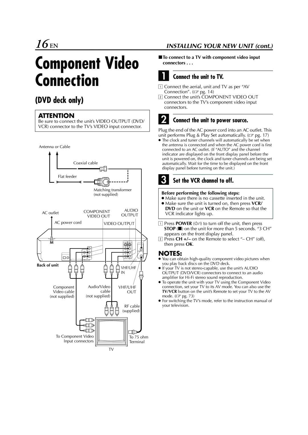 JVC HR-XVC33U manual To Component Video Input connectors 