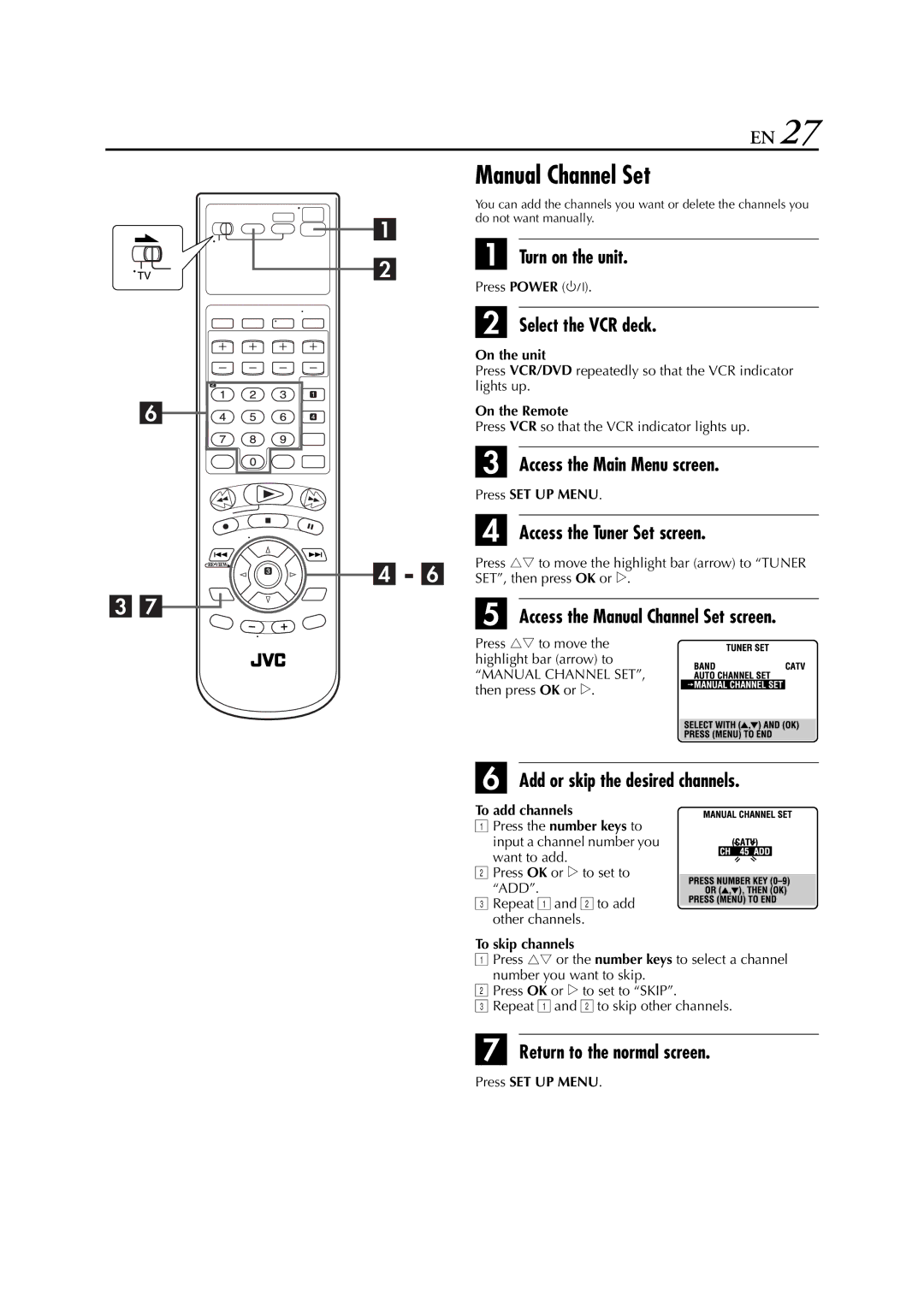 JVC HR-XVC33U manual Manual Channel Set 