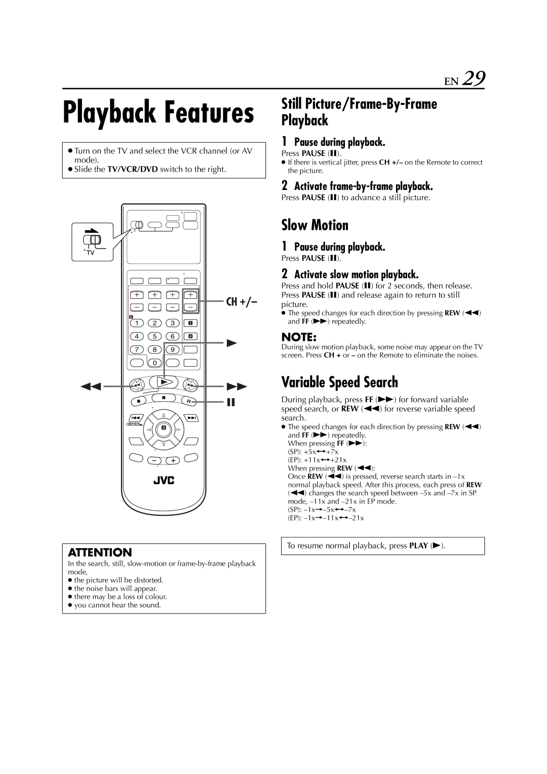 JVC HR-XVC33U manual Variable Speed Search, Pause during playback 