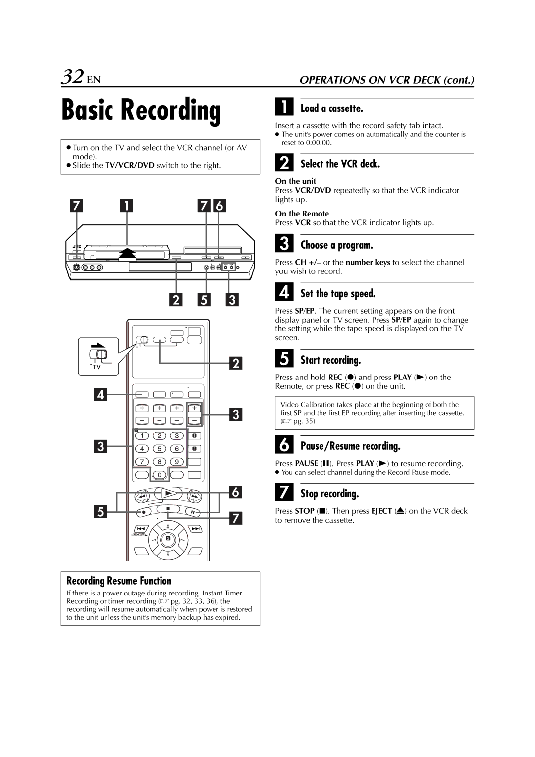 JVC HR-XVC33U manual 32 EN, Recording Resume Function 