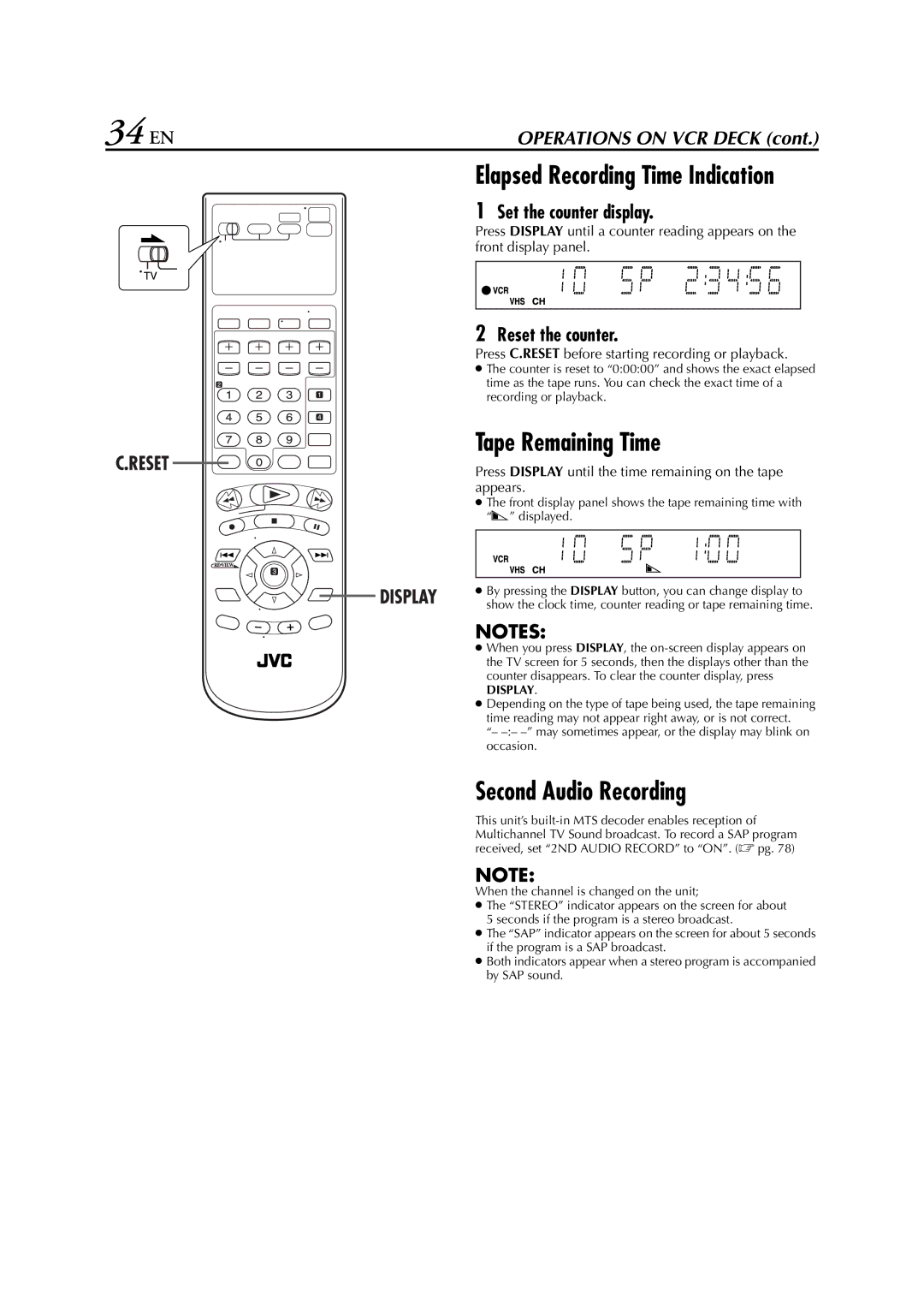 JVC HR-XVC33U manual Tape Remaining Time 