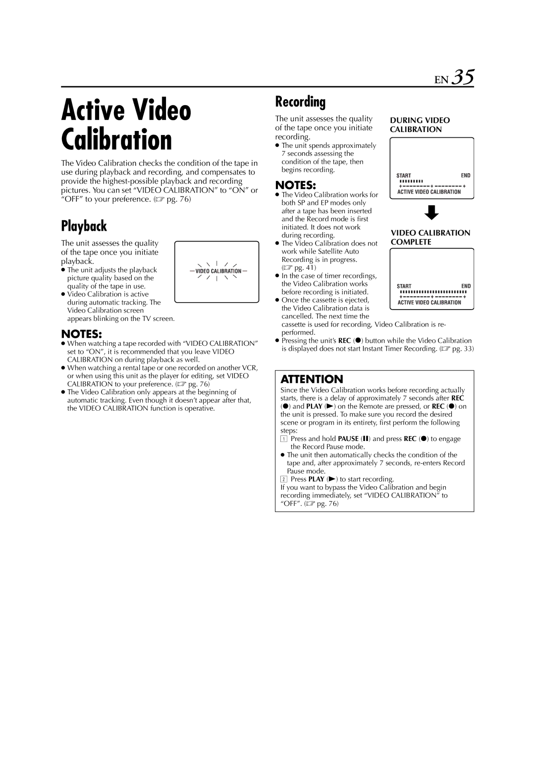 JVC HR-XVC33U manual Active Video Calibration, Playback, Recording 