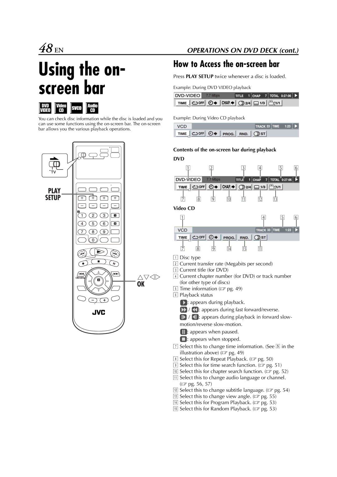 JVC HR-XVC33U manual Using the on- screen bar 