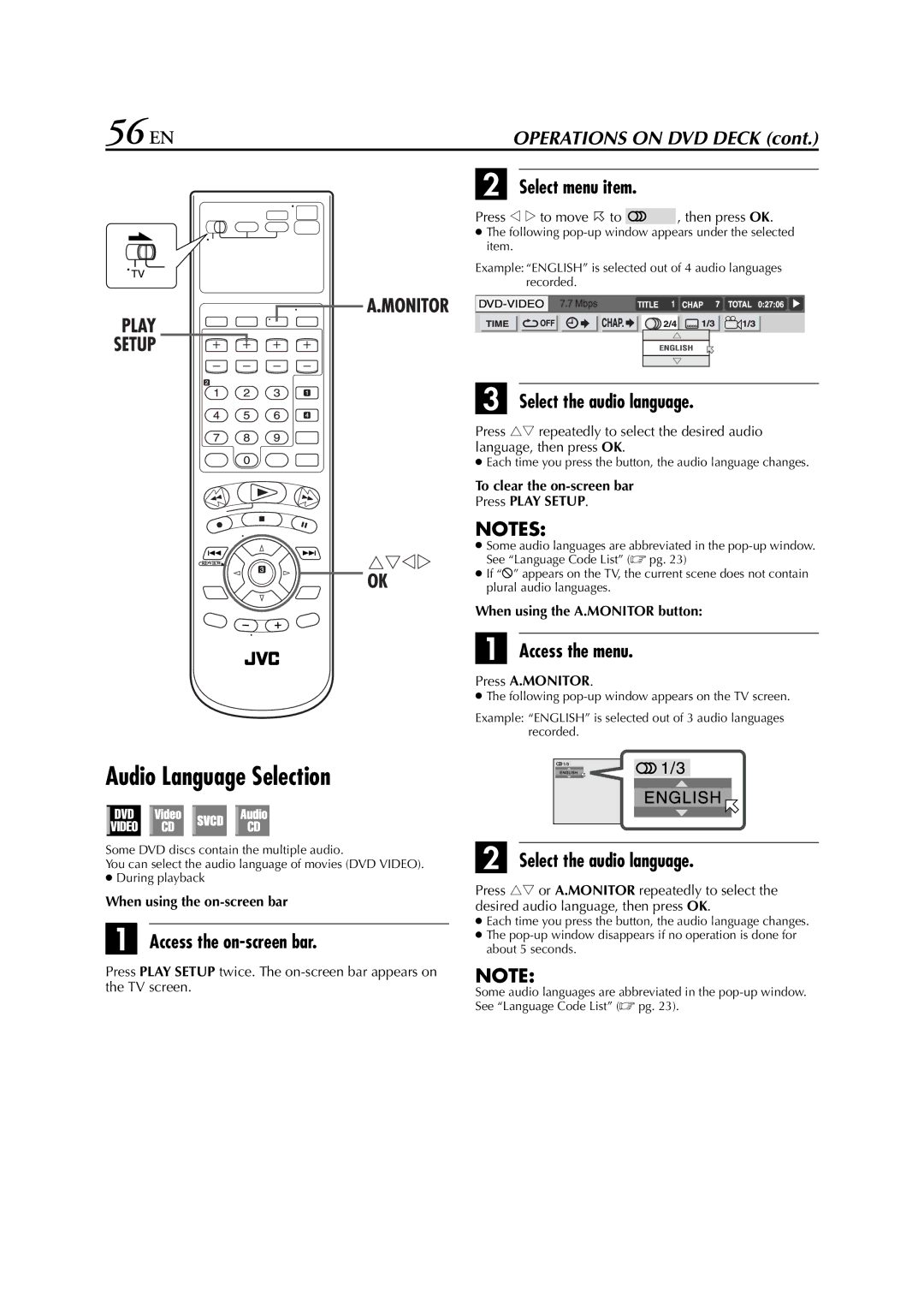 JVC HR-XVC33U manual 56 EN, Access the on-screen bar Select menu item 