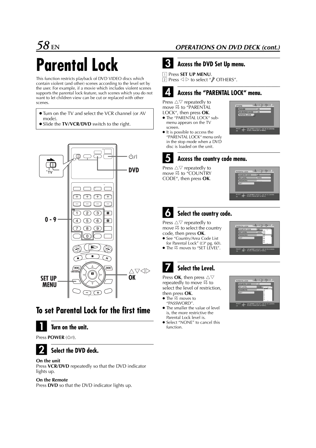 JVC HR-XVC33U manual To set Parental Lock for the first time, Press rt repeatedly to Move 0 to Country 