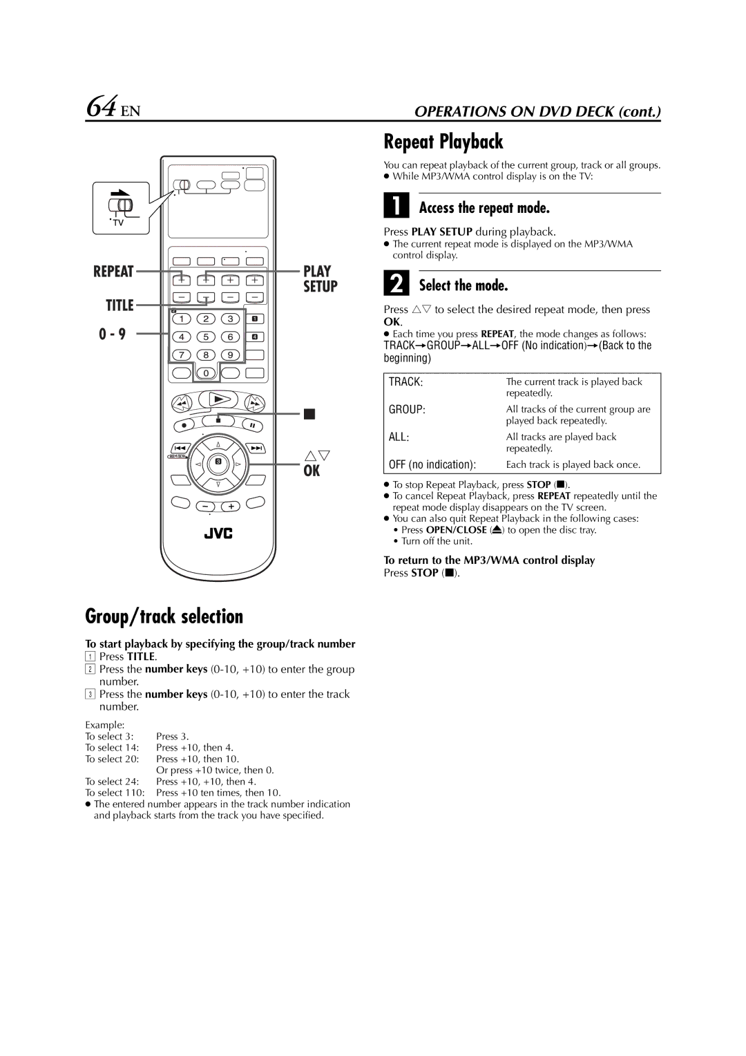 JVC HR-XVC33U manual 64 EN, To return to the MP3/WMA control display Press Stop 