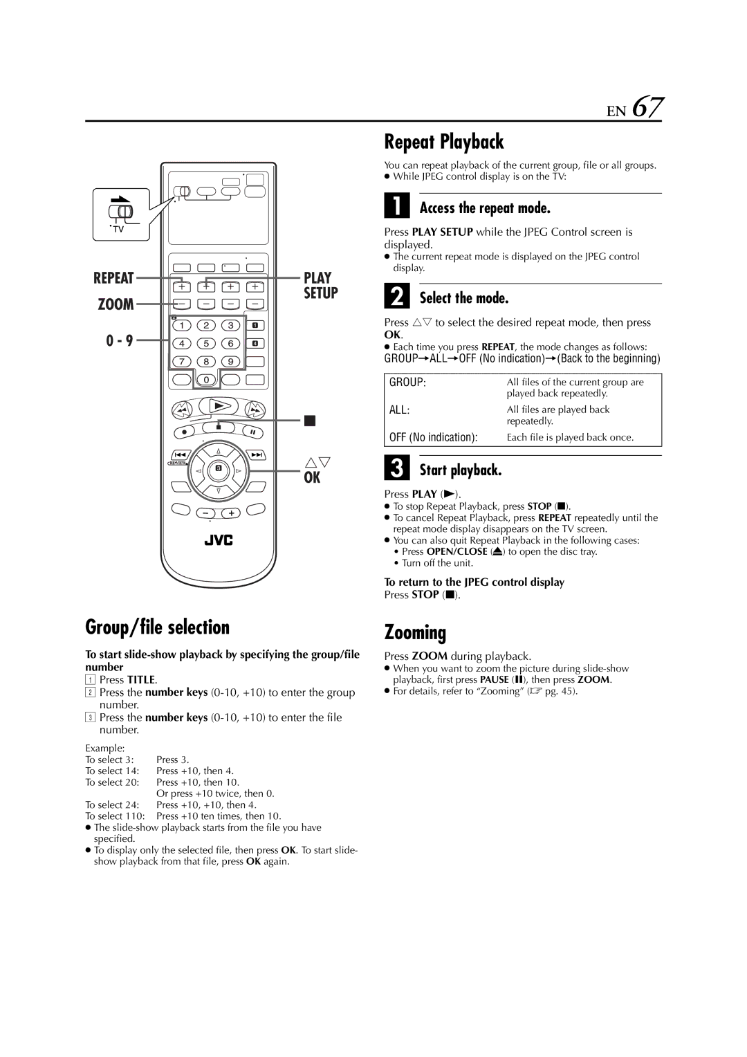 JVC HR-XVC33U manual All files of the current group are, All files are played back, Each file is played back once 