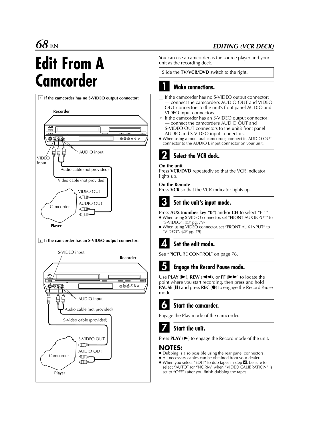 JVC HR-XVC33U manual Edit From a Camcorder, If the camcorder has no S-VIDEO output connector Recorder 