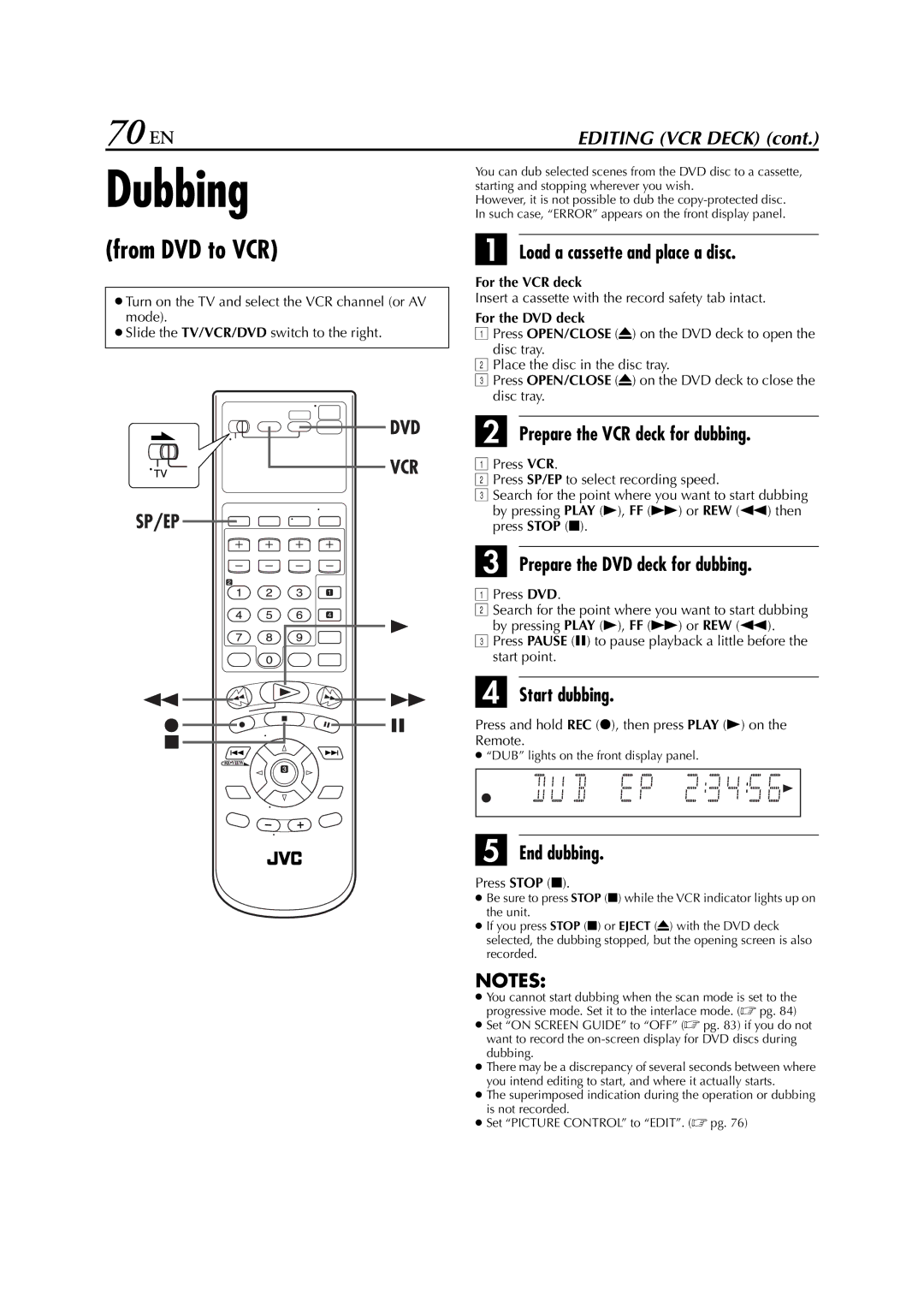 JVC HR-XVC33U manual Dubbing 