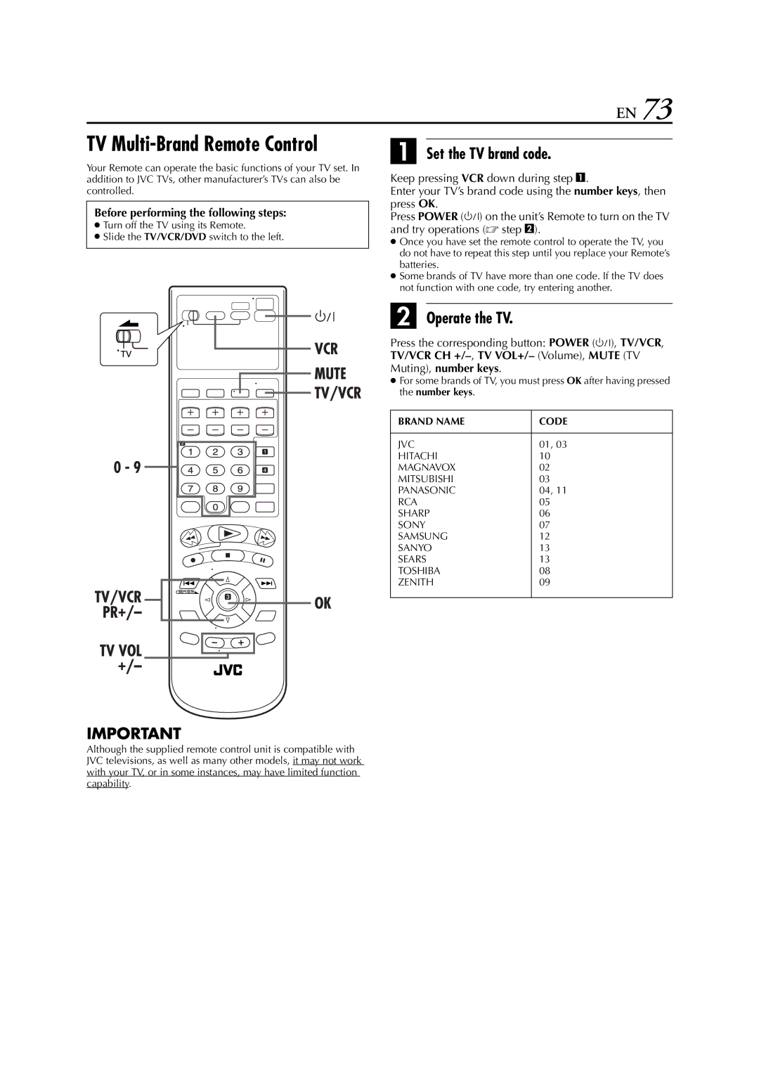 JVC HR-XVC33U manual TV Multi-Brand Remote Control 