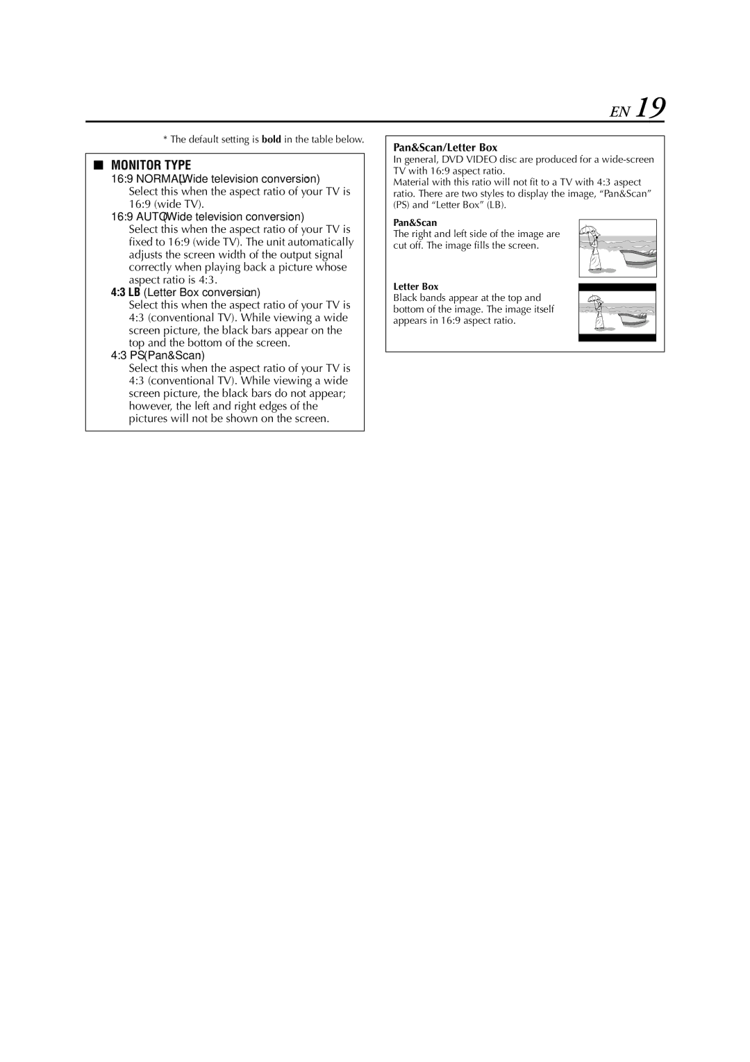 JVC HR-XVC33U manual Monitor Type, Pan&Scan/Letter Box, Default setting is bold in the table below 